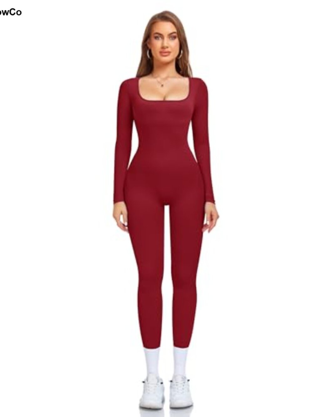 Seamless Ribbed Long Sleeve Square Neck Yoga Jumpsuit with Tummy Control